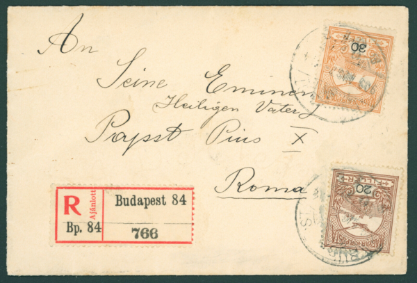 1909 Hungary - registered envelope to Pope Pius X in Italy