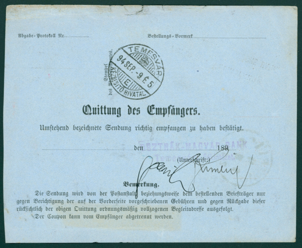 1894. Ausztria – okirati illeték és portómentes szállítólevél 13kg-os csomagról 800.000(!) frt értékről Temesvárra küldve