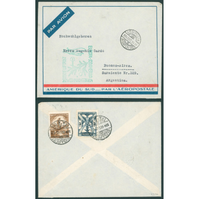 1934. Ordinary airmail envelope Airmail II. 5 Pengo to South America + Christmas flight with German postmark