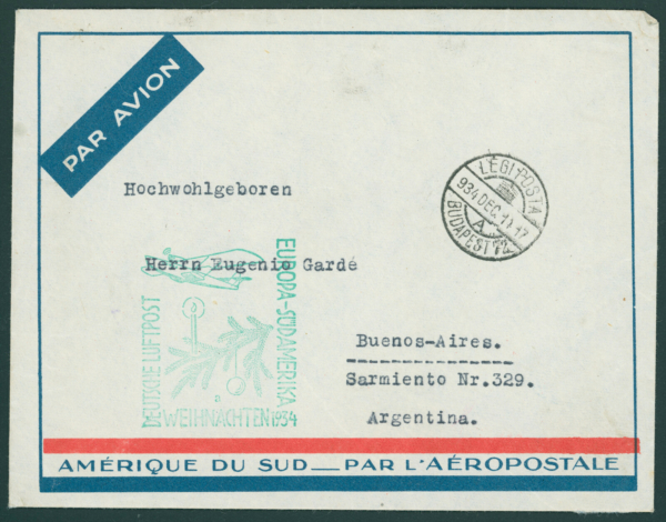 1934. Ordinary airmail envelope Airmail II. 5 Pengo to South America + Christmas flight with German postmark