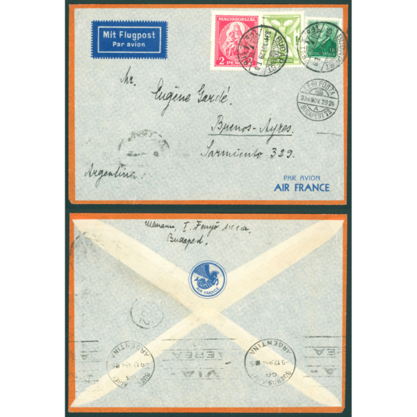 1934 airmail envelope to South America rare mixed franking Large Madonna 2P + Airmail II 1P