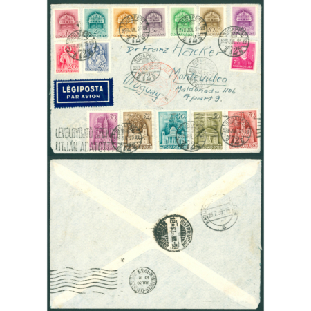1939 decorative airmail envelope franked with 15 stamps and sent to Uruguay
