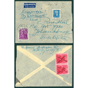1938 tarifahelyes légiposta boríték a Dél-afrikai Unióba - a hátoldali bélyegen tollvonásos értéktelenítés