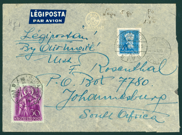 1938 tariff correct airmail envelope to the Union of South Africa - cancellation with pen stroke on back stamps