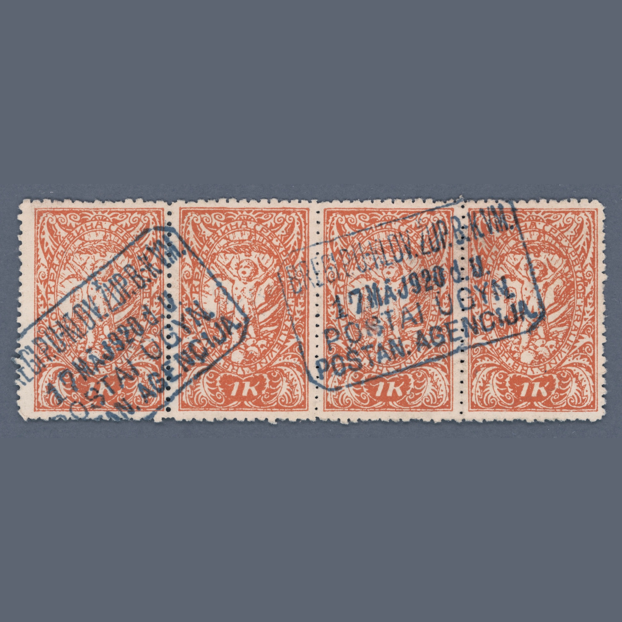 1920 SHS - Hungary - blue bilingual Croatian-Hungarian BREGI P.U.-KLDV.ŽUP.B.-K.VM. postal agency postmark | BU: 500 points