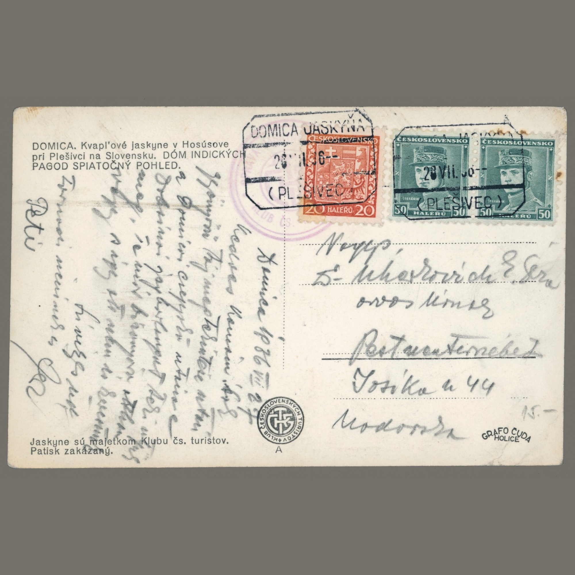 1936 Czechoslovakia - Domica Jsakyna postal agency postmark on postcard