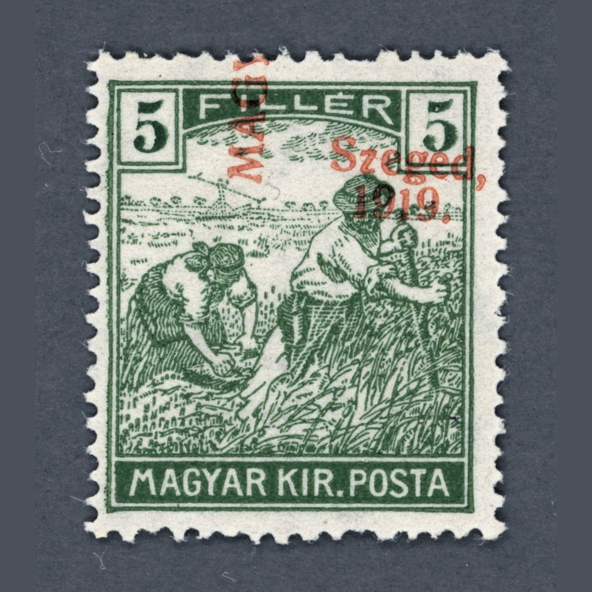 1919 Hungary - Szeged - Reaper 5 filler, bottom left stamp of the sheet with extremly slipped overprint - Image 2