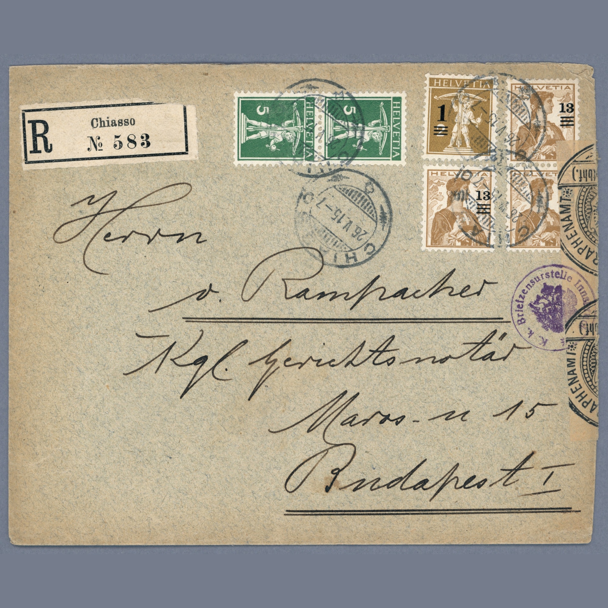 1915 Switzerland - Registered cover sent to Budapest (for stamp dealer Rampacher Pál) with decorative postage stamps, Cinderella stamp and censor in Innsbruck - Image 2