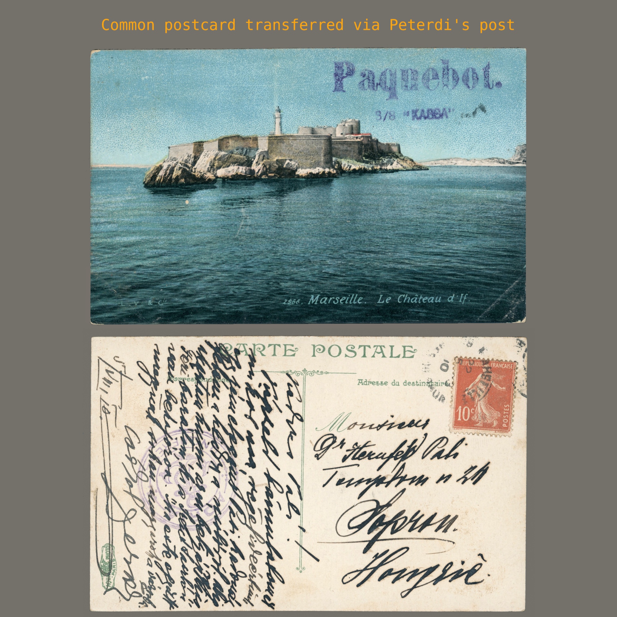 1910 Hungary - "Adria-Ungharese" and "Paquebot / SS Kassa" Peterdi's onboard ship postmarks on a postcard. Very rare, everyday postal item!