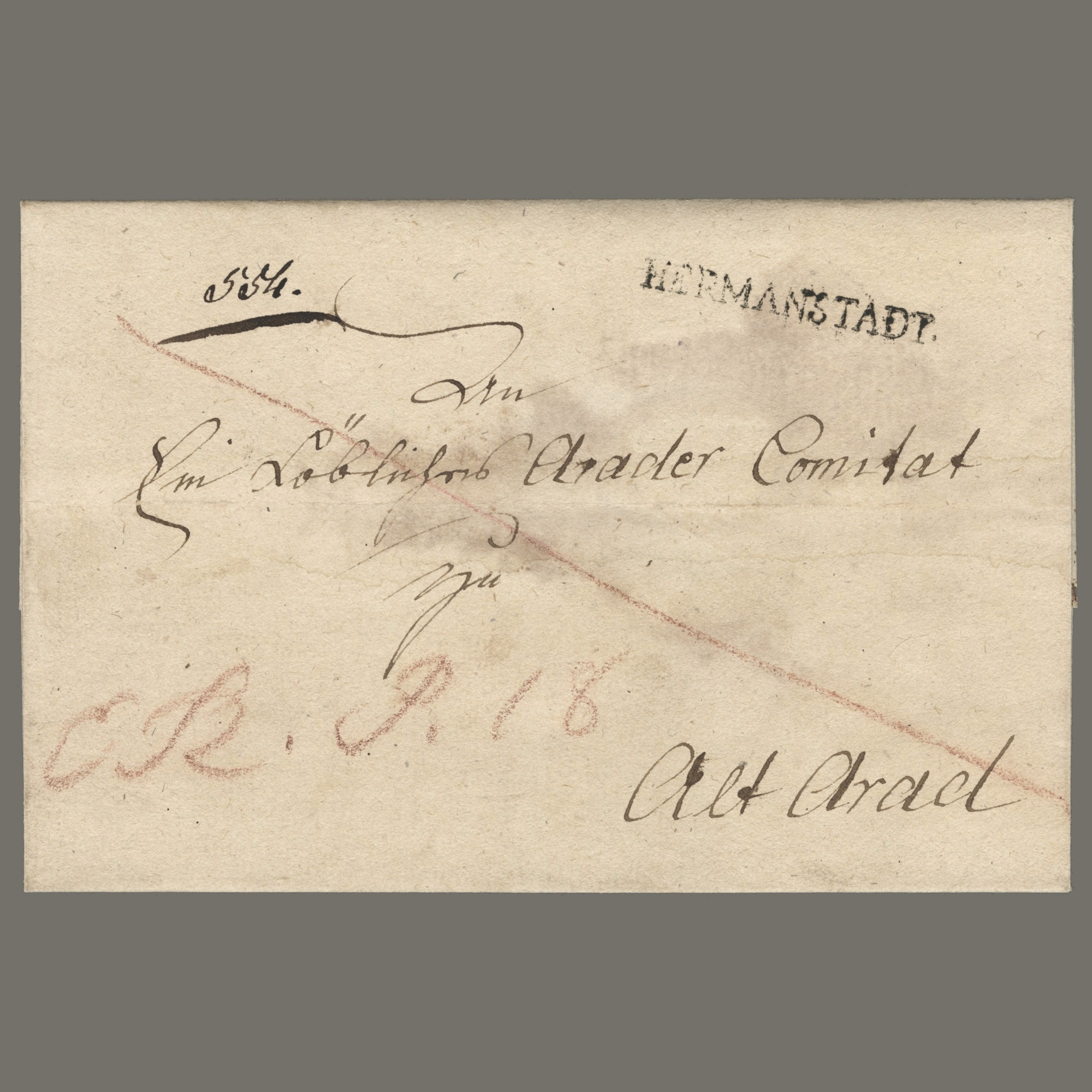 1825 Austria - Return receipt half postage paid long-distance letter with rare P18 postage due mark, stamped with HERMANSTADT line postmark - total postage was 36 kr