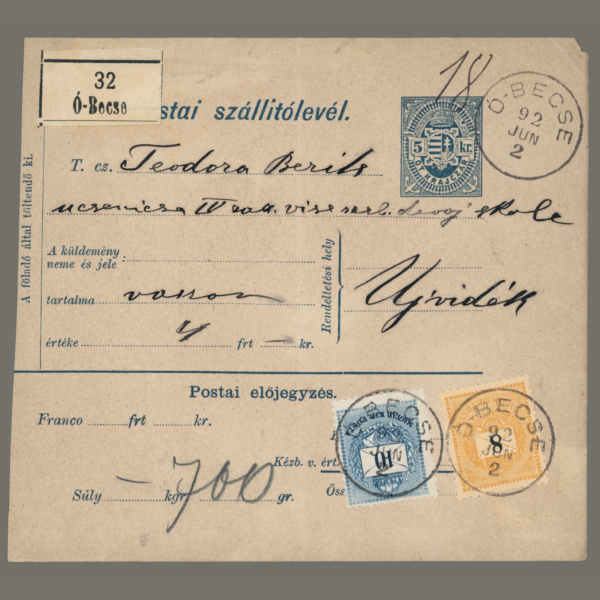 1891 Hungary - Parcel card for a 5 kg insured parcel sent from Óbecse to Novi Sad (zone I)