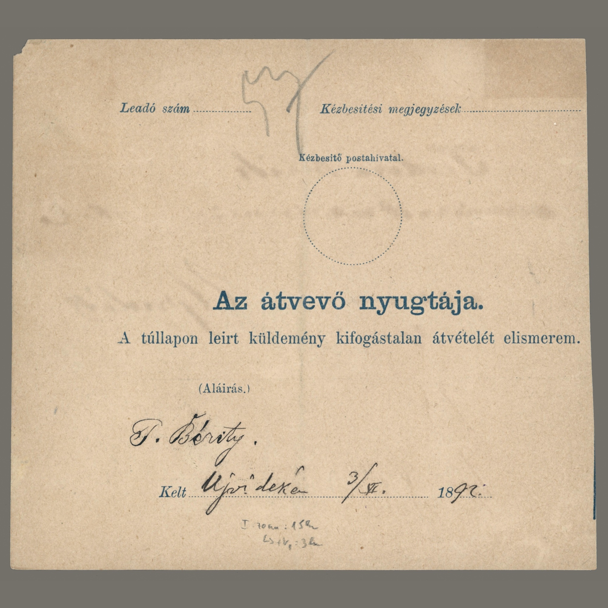 1891 Hungary - Parcel card for a 5 kg insured parcel sent from Óbecse to Novi Sad (zone I) - Image 2