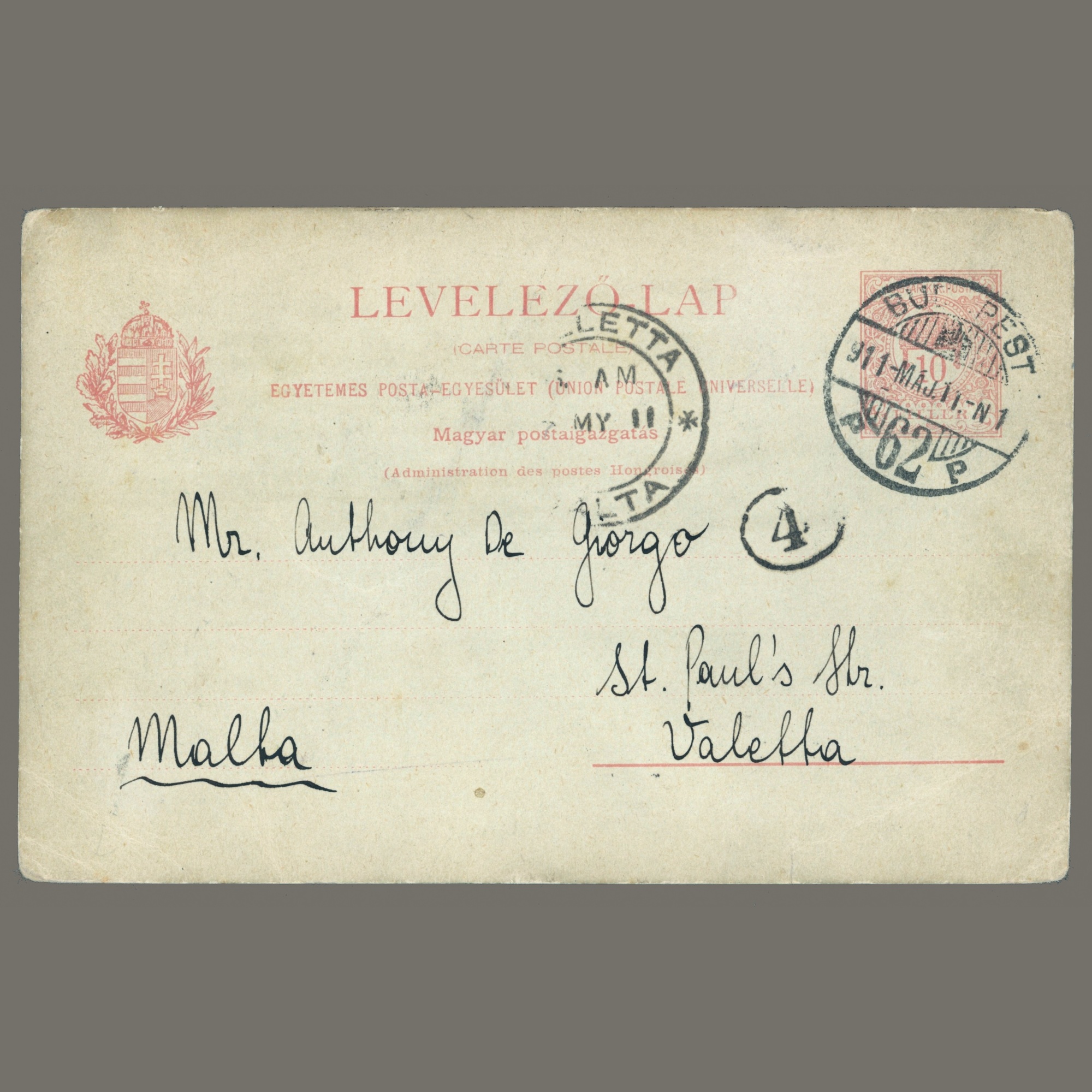 1911 Hungary - Postal stationery postcard sent to Malta - good destination