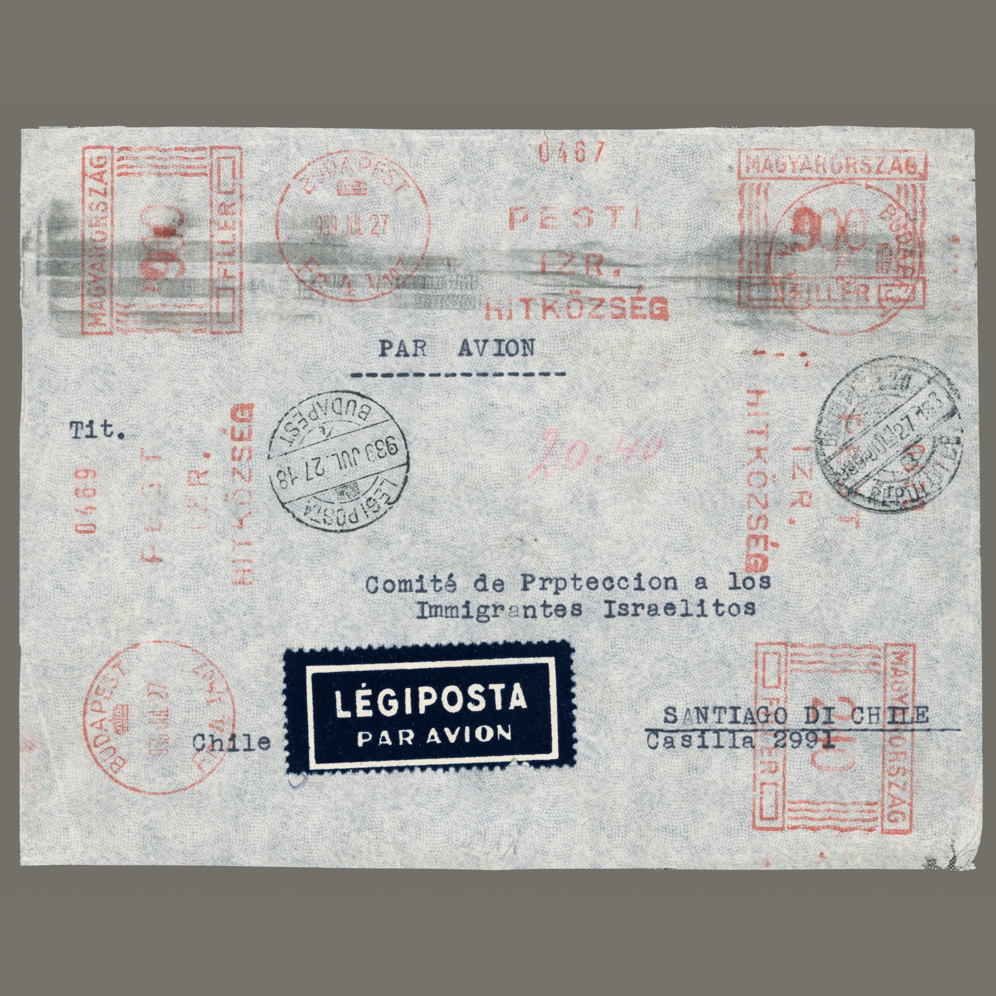 1939 Hungary - Airmail cover sent to Chile with 20 pengo 40 filler postage - extremely rare high airmail franking with francotyp machine postmarks 9 + 9 + 2.40 pengo - three impressions, extraordinary multiple machine franking.