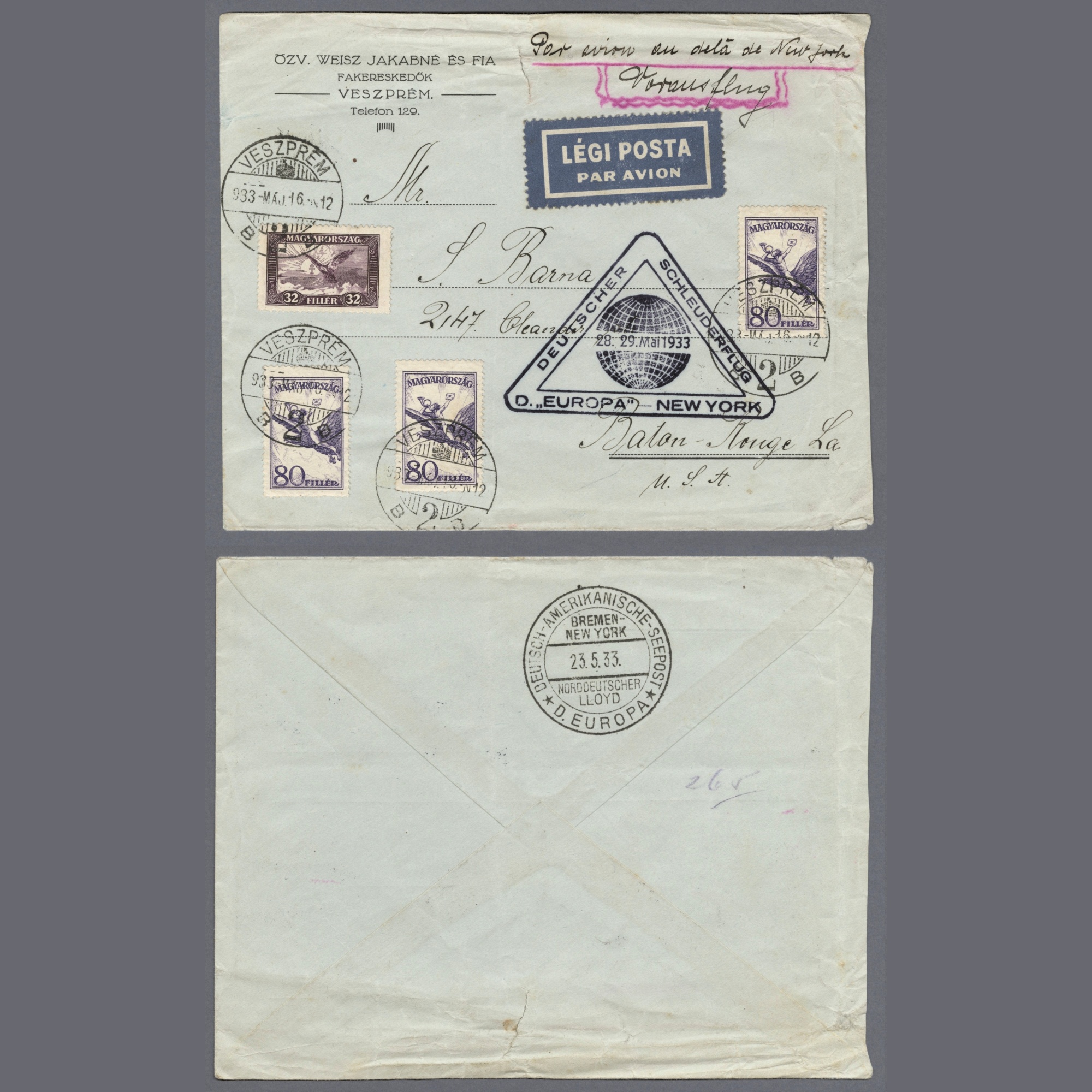1933 Hungary - Rare, everyday used catapult cover mailed from Veszprém, with the EUROPA ship's on-board catapult postmark