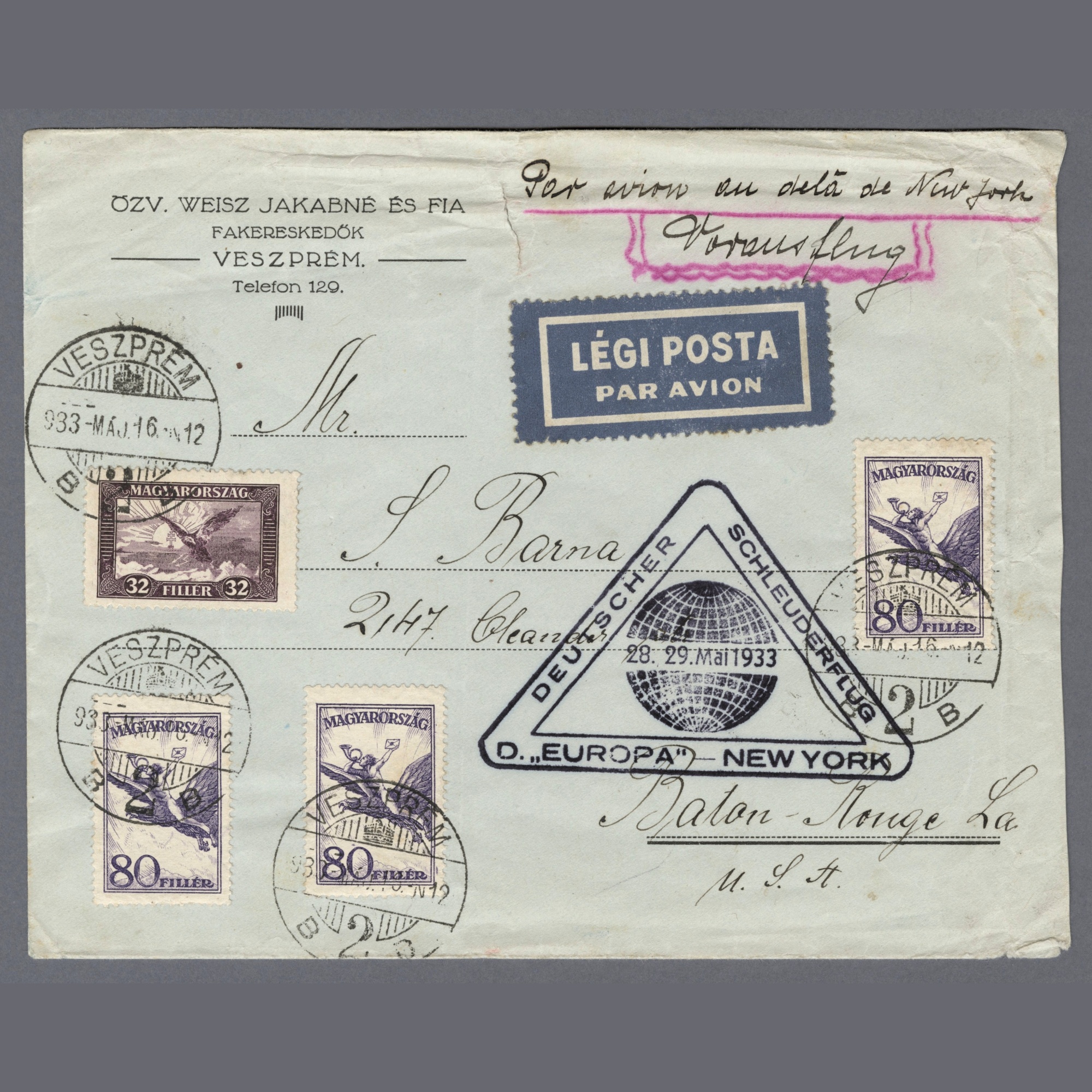 1933 Hungary - Rare, everyday used catapult cover mailed from Veszprém, with the EUROPA ship's on-board catapult postmark - Image 2