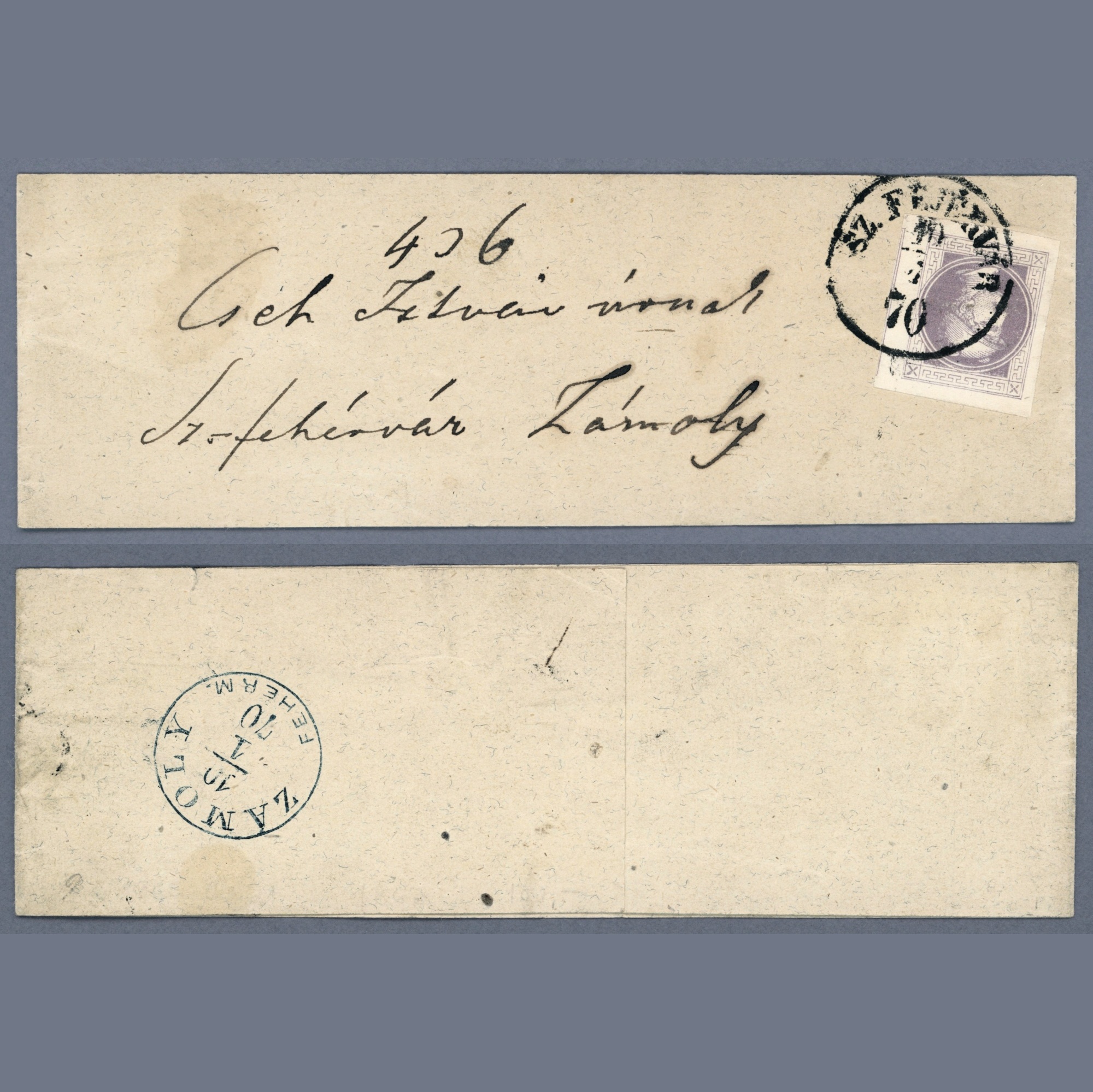 1870 Hungary - newspaper stamp type I.b lila, with Sz.Fejérvár postmark on full wrapper and with nice blue Zámoly postmark on the verso