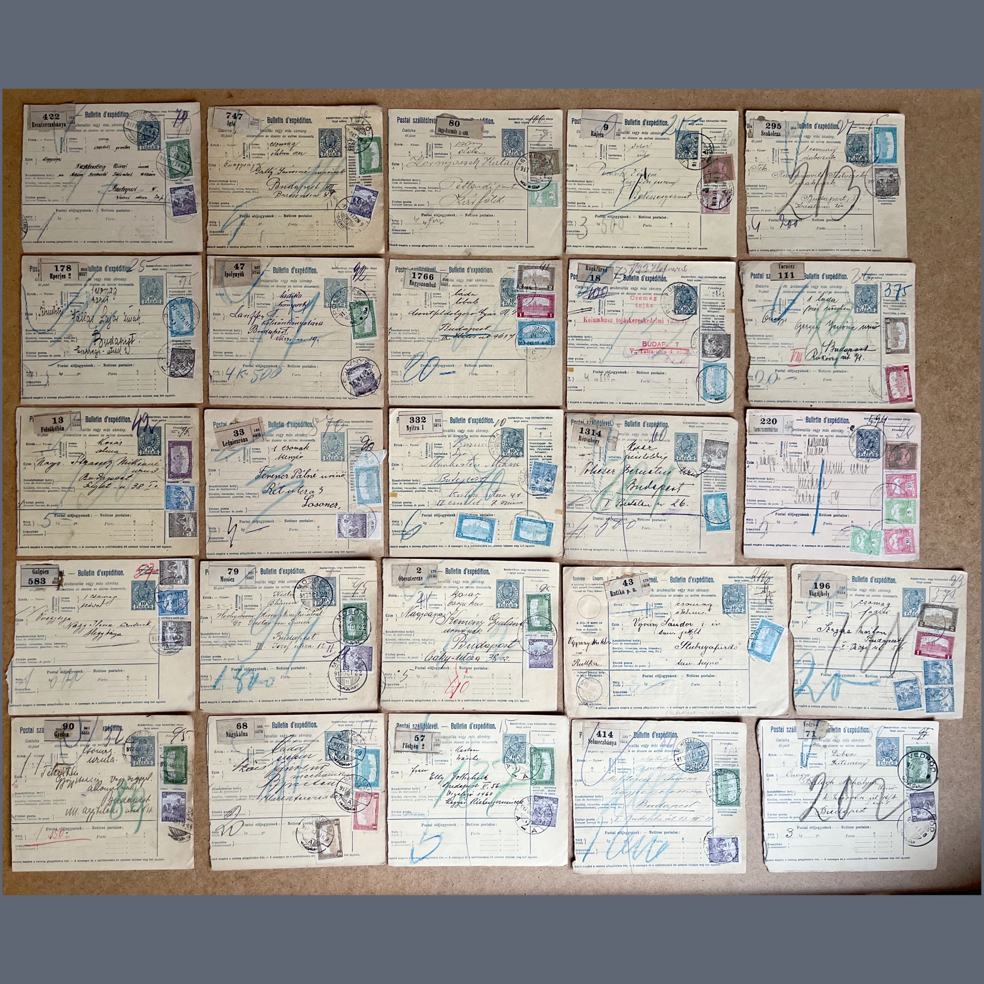 1916-20 Hungary - 25 parcel cards from the territory of present-day Slovakia - including better frankings and postmarks - each card is from different settlement