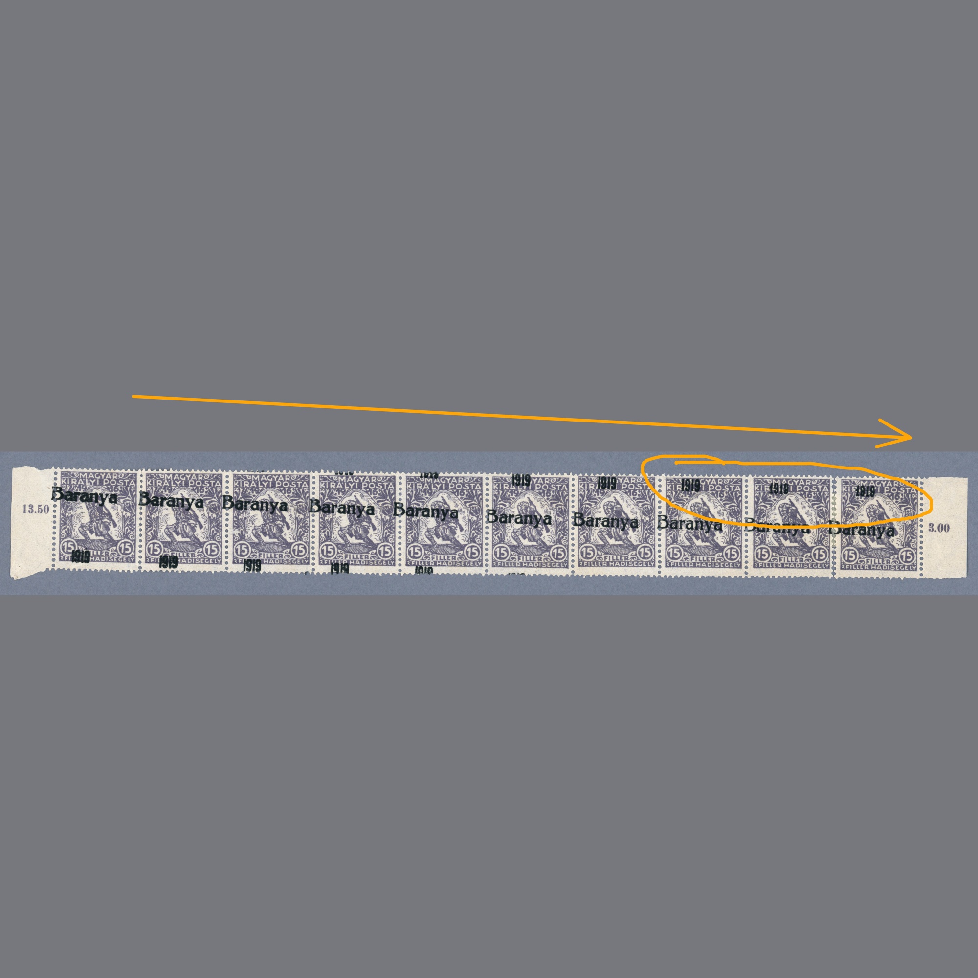 1919 Hungary - Baranya - mint stamps stripe of ten with slipped overprint - due to the slipped overprint the year is on the bottom of the first stamp and on the top of the last stamp - the number of the year is printed with mixed type letters